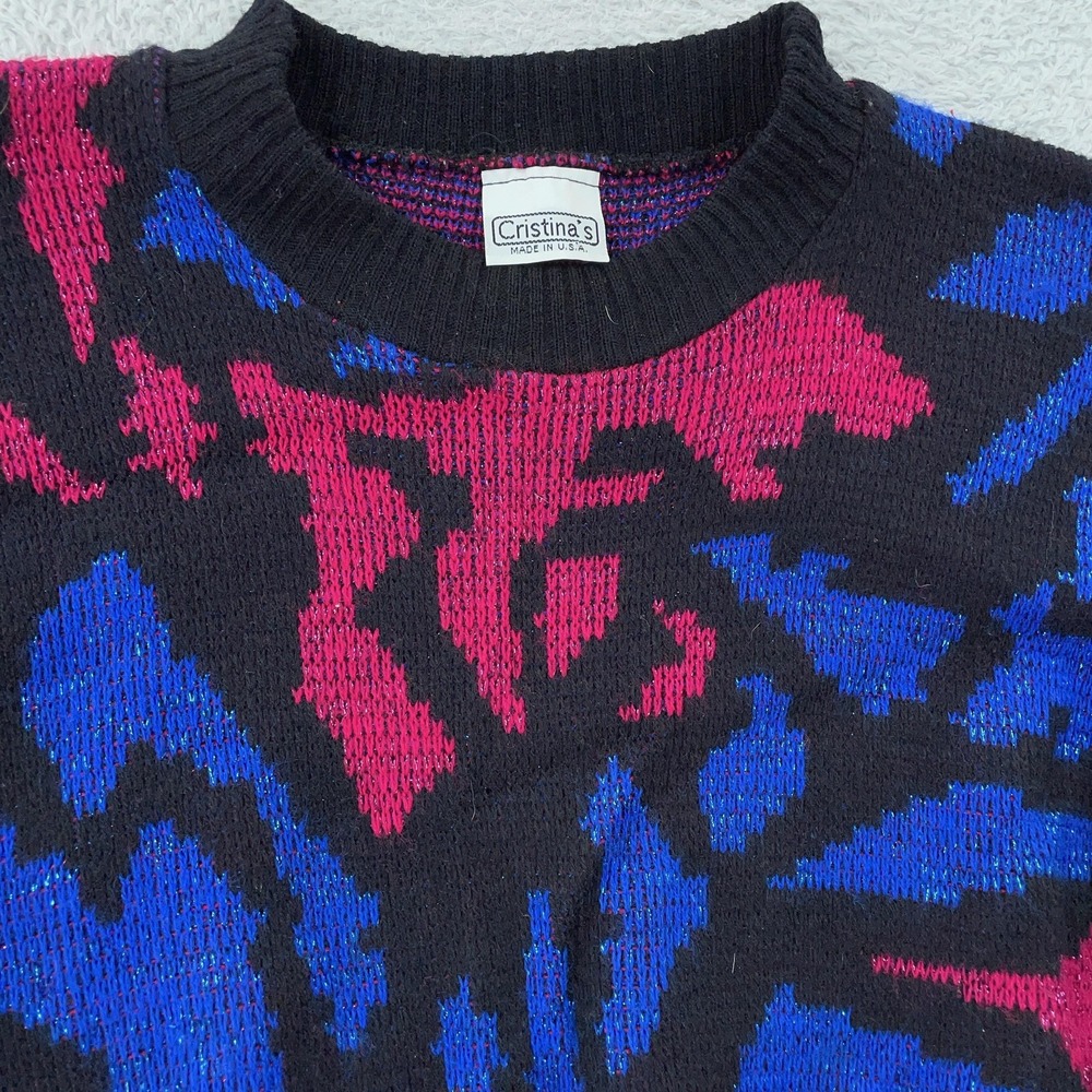 Vintage Cristina's Knit Sweater Womens‎ CROP FIT Small Black Blue Abstract 80s